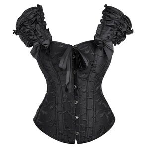 Corset Story Jacquard Overbust Ruffle Sleeve Bow Detail‎ Black Corset